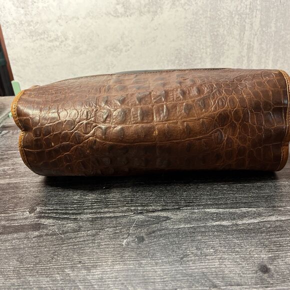 BRAHMIN HANDBAG BLACK  PURSE WITH  BROWN  CROCODILE ALLIGATOR AND GOLD  ACCENTS - Picture 8 of 13